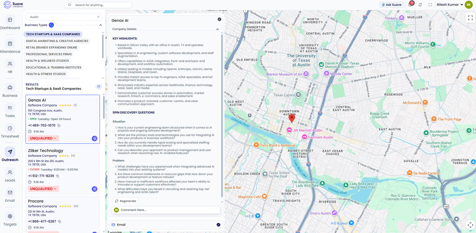 CRM company intelligence outreach workspace by Suave Creators