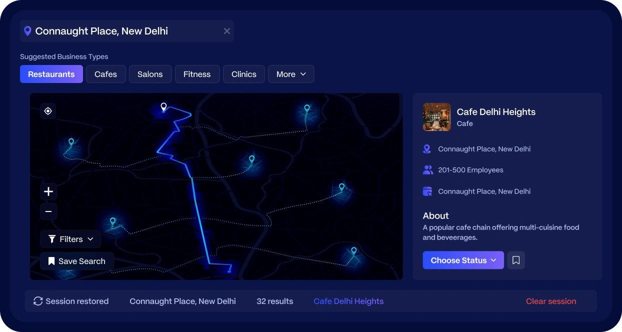 B2B map-based company discovery without jumping between CRM screens. product screenshot for Suave Creators software development