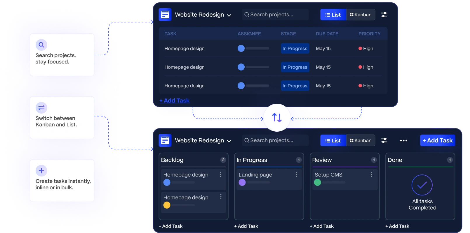 Kanban and List view integration in the suave app CRM task workspace