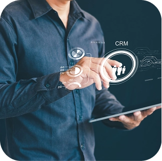 Consultant using a CRM team interface on a tablet