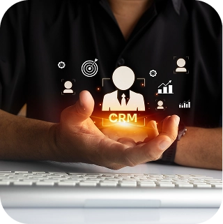 CRM contact hologram above a keyboard for product consultation