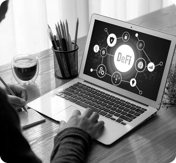 DeFi network diagram on a laptop for enterprise finance