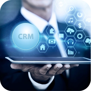 Executive holding a tablet with a CRM hologram for custom software consultation
