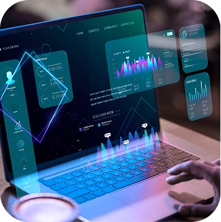 Laptop with a floating analytics dashboard for custom CRM consultation