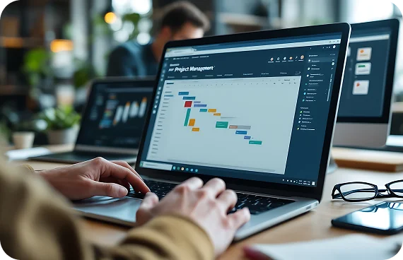 Sprint project Gantt chart on laptop for digital marketing delivery