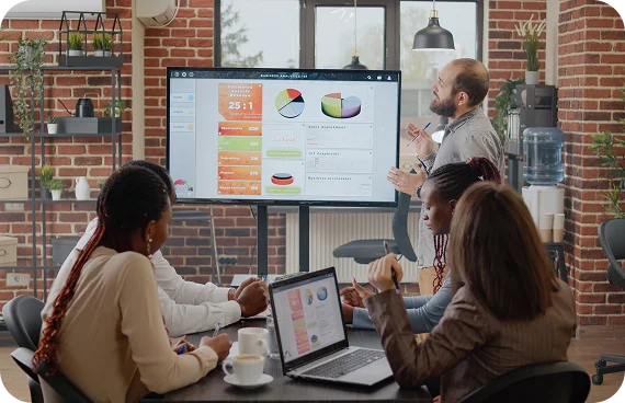 Marketing strategy team reviewing B2B analytics dashboard together