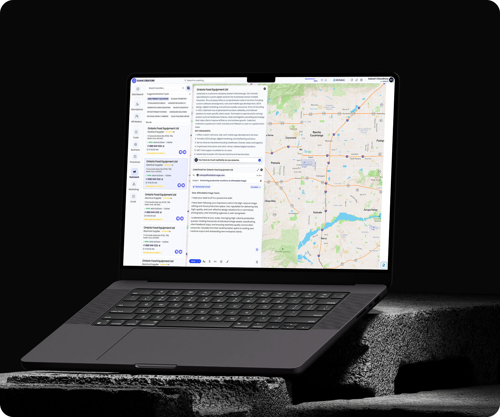 Suave Creators outreach CRM platform on a laptop display