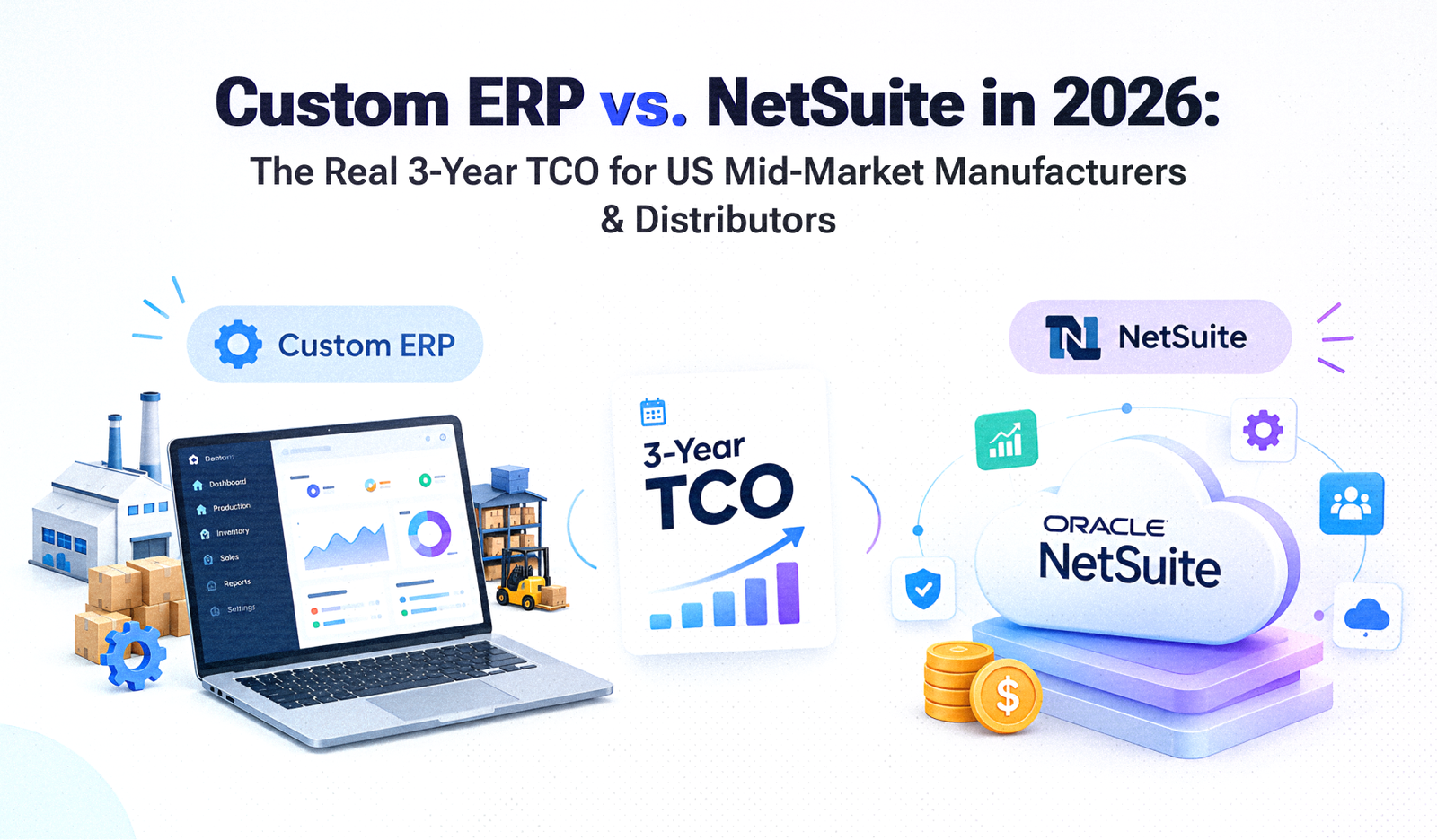 Custom ERP vs. NetSuite in 2026: The Real 3-Year TCO for US Mid-Market Manufacturers & Distributors Custom ERP vs. NetSuite in 2026: The Real 3-Year TCO for US Mid-Market Manufacturers & Distributors